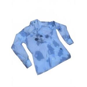 Vintage Oleg Cassini Light Blue Floral Print Long Sleeve Button-Up Blouse